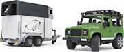 bruder land rover defender with horse trailer with one horse photo