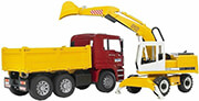 bruder man tga tipping truck red yellow with liebherr shovel excavator photo