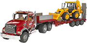 bruder mack granite low loader and jcb 4cx backhoe loader red photo