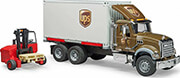 bruder mack granite ups logistics truck with truck mounted forklift photo