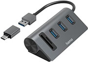 hama 200140 usb hub card reader 5 ports 3x usb a sd microsd incl usb c adapter photo