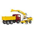 bruder man tga tipping truck red yellow with liebherr shovel excavator photo